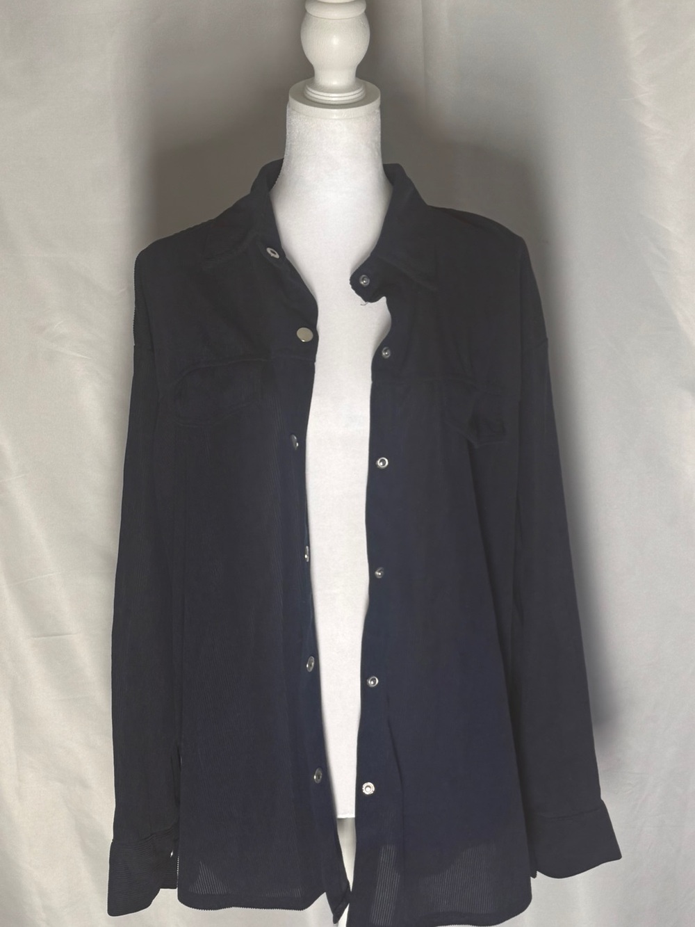 Oversized Navy Ribbed Shacket Soft Corduroy Texture Button Front Shirt Jacket